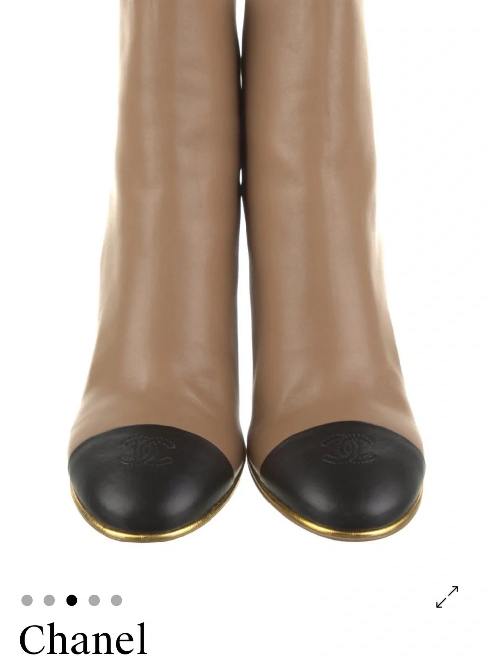CHANEL Tan and Black Leather Wedge Ankle Boot with Gold Trim